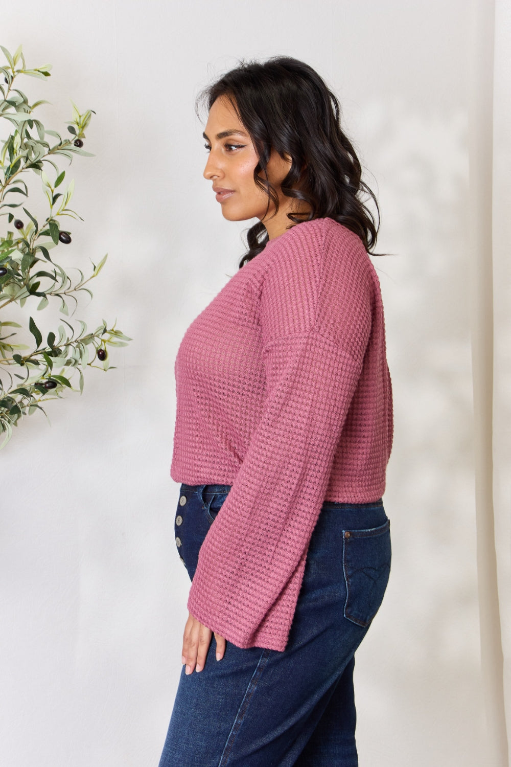 Culture Code Full Size Waffle-Knit Round Neck Long Sleeve Blouse - TOPS - Rose