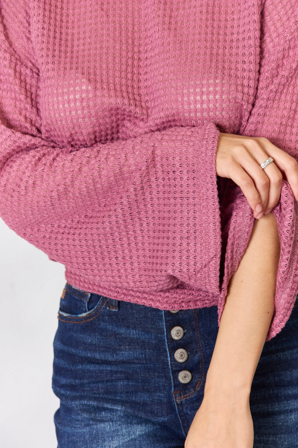 Culture Code Full Size Waffle-Knit Round Neck Long Sleeve Blouse - TOPS - Rose