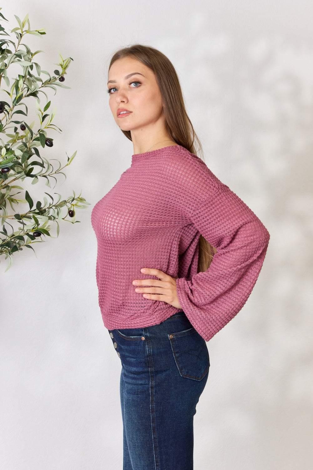 Culture Code Full Size Waffle-Knit Round Neck Long Sleeve Blouse - TOPS - Rose