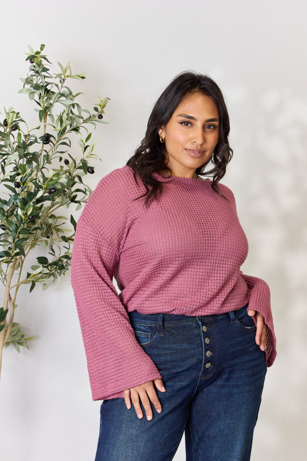 Culture Code Full Size Waffle-Knit Round Neck Long Sleeve Blouse - TOPS - Rose