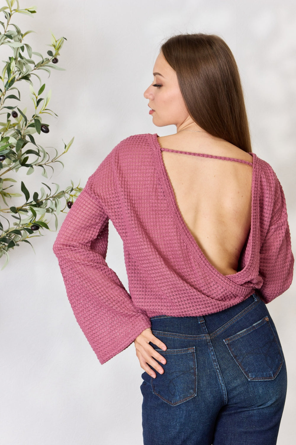 Culture Code Full Size Waffle-Knit Round Neck Long Sleeve Blouse - TOPS - Rose