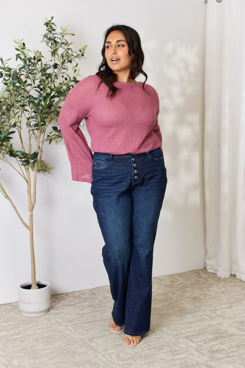 Culture Code Full Size Waffle-Knit Round Neck Long Sleeve Blouse - TOPS - Rose