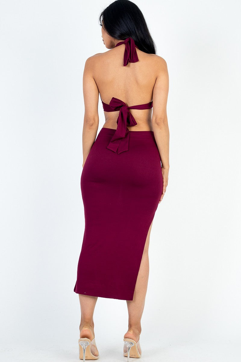 Cut-out Halter Neck Double Back Tie Split Thigh Midi Dress Smile Sparker