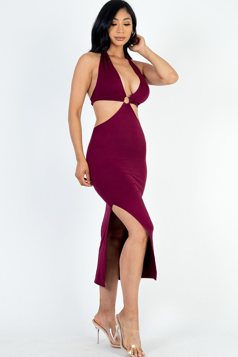 Cut-out Halter Neck Double Back Tie Split Thigh Midi Dress Smile Sparker