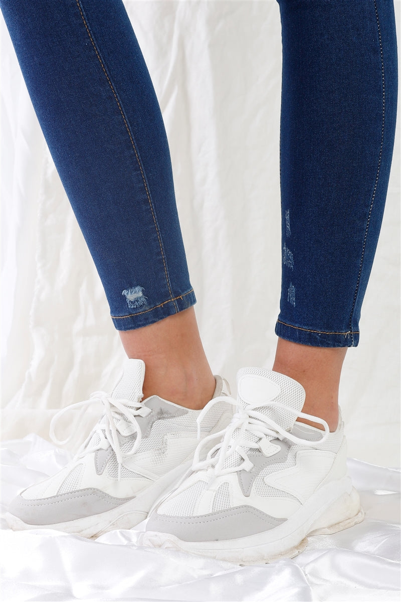 Dark Blue High-waisted With Rips Skinny Denim Jeans Smile Sparker