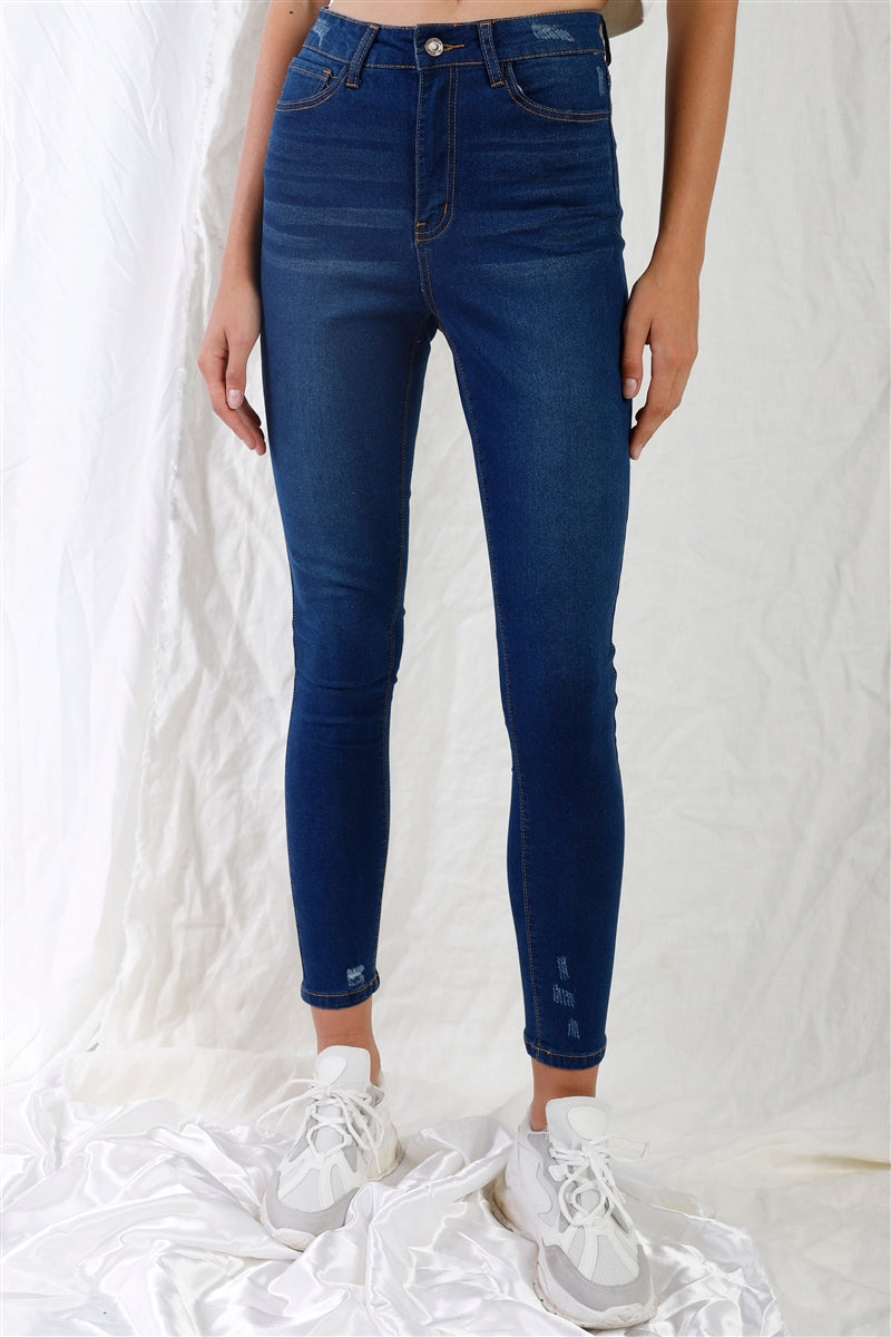 Dark Blue High-waisted With Rips Skinny Denim Jeans Smile Sparker