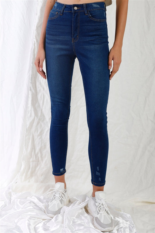 Dark Blue High-waisted With Rips Skinny Denim Jeans Smile Sparker