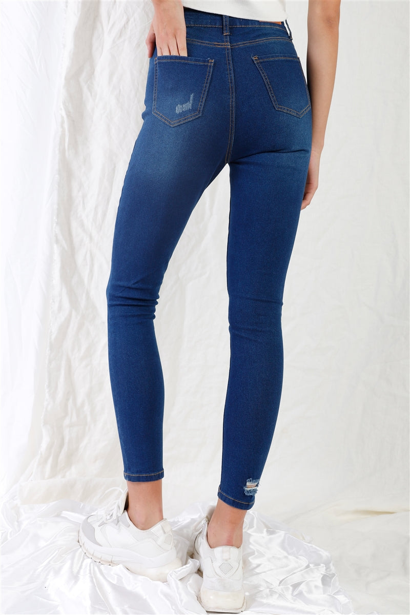 Dark Blue High-waisted With Rips Skinny Denim Jeans Smile Sparker