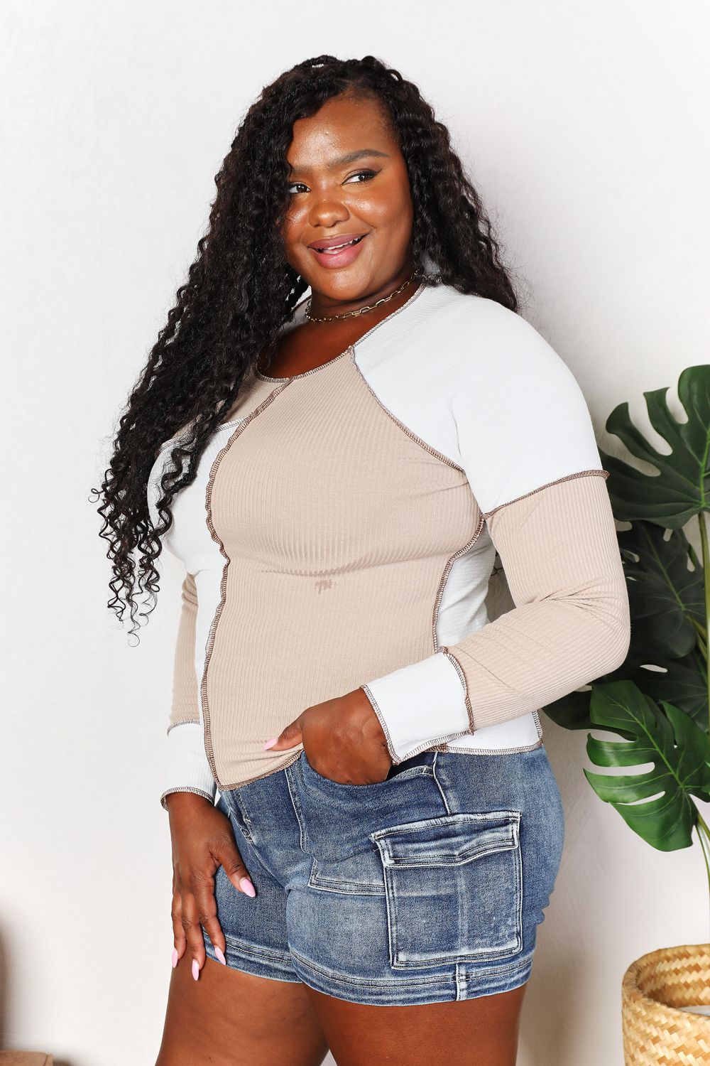 Double Take Color Block Exposed Seam Top - TOPS - Khaki
