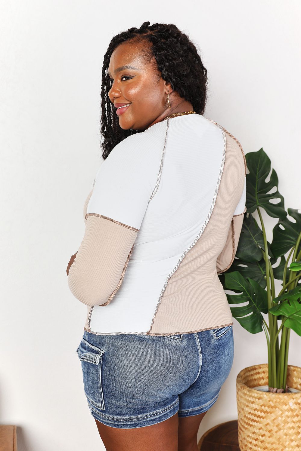 Double Take Color Block Exposed Seam Top - TOPS - Khaki