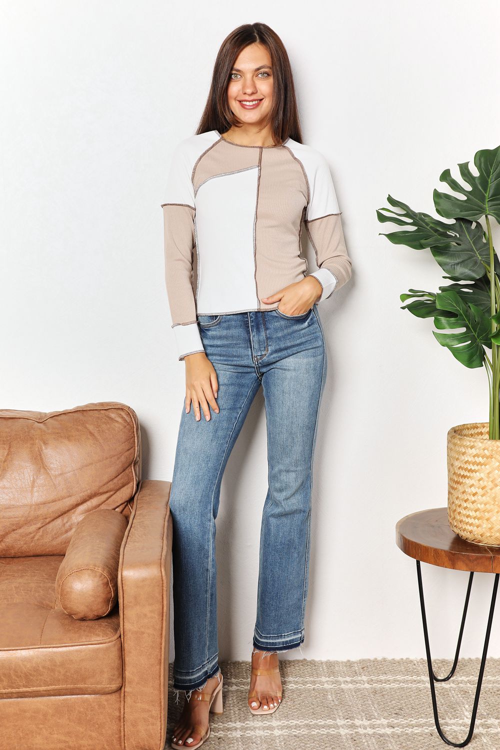 Double Take Color Block Exposed Seam Top - TOPS - Khaki
