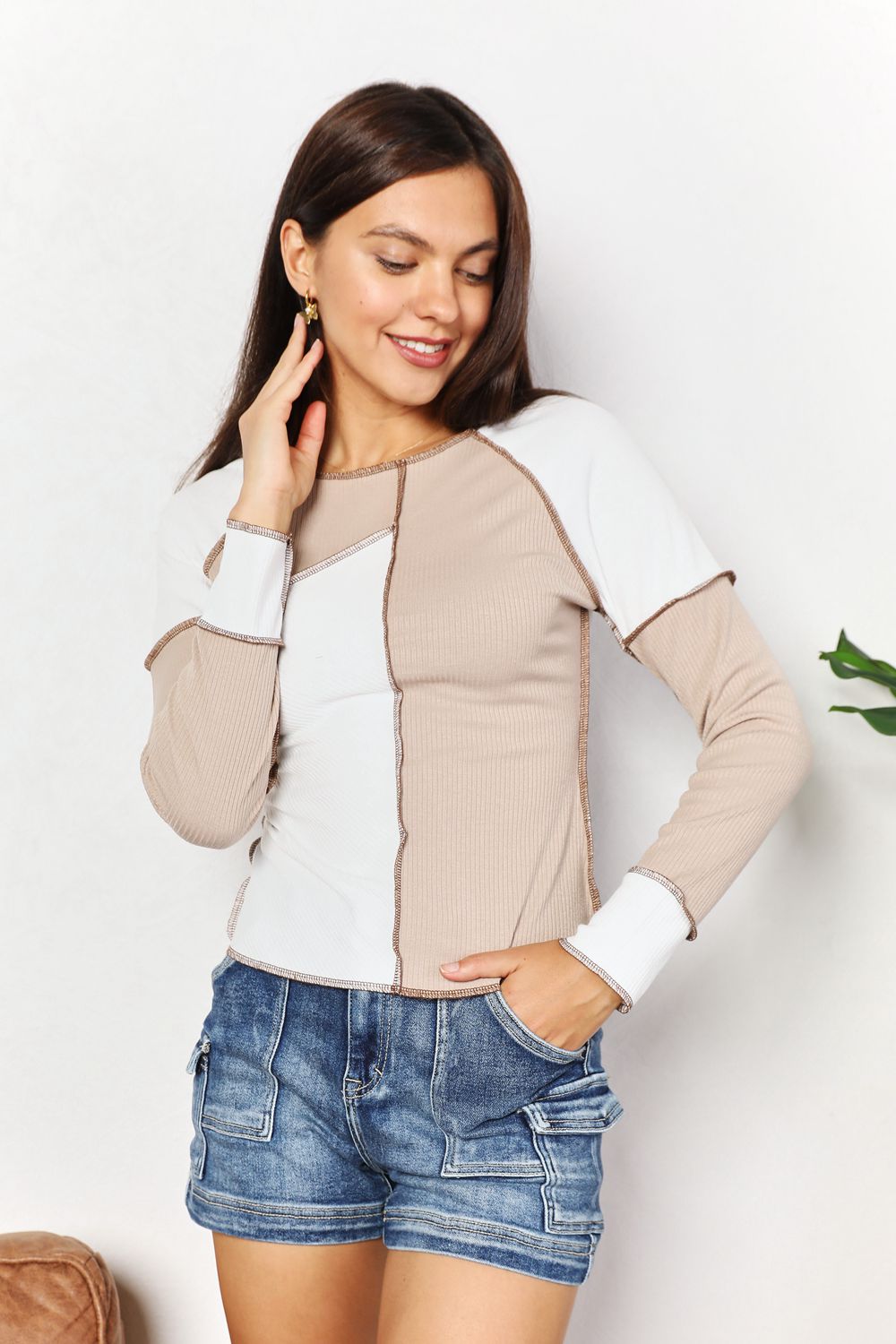 Double Take Color Block Exposed Seam Top - TOPS - Khaki