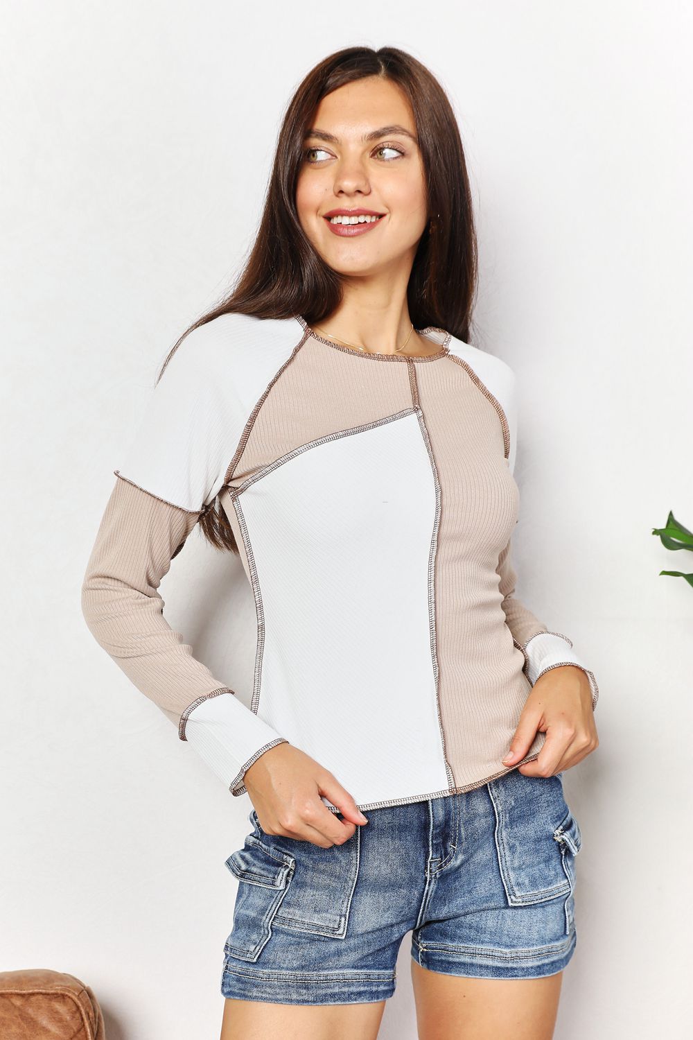 Double Take Color Block Exposed Seam Top - TOPS - Khaki