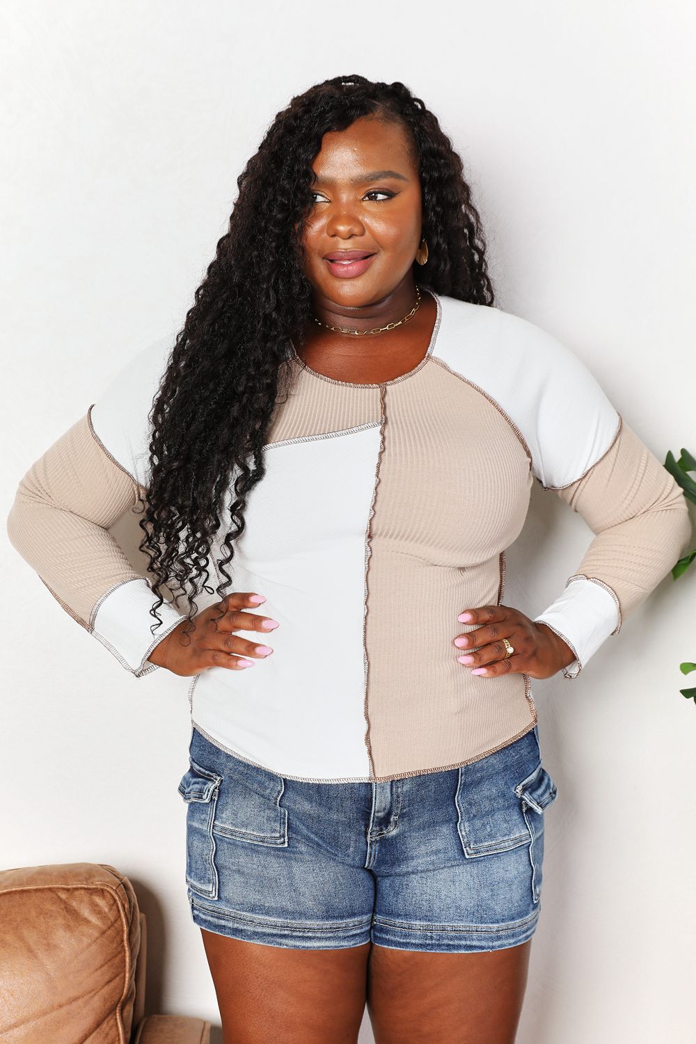 Double Take Color Block Exposed Seam Top - TOPS - Khaki
