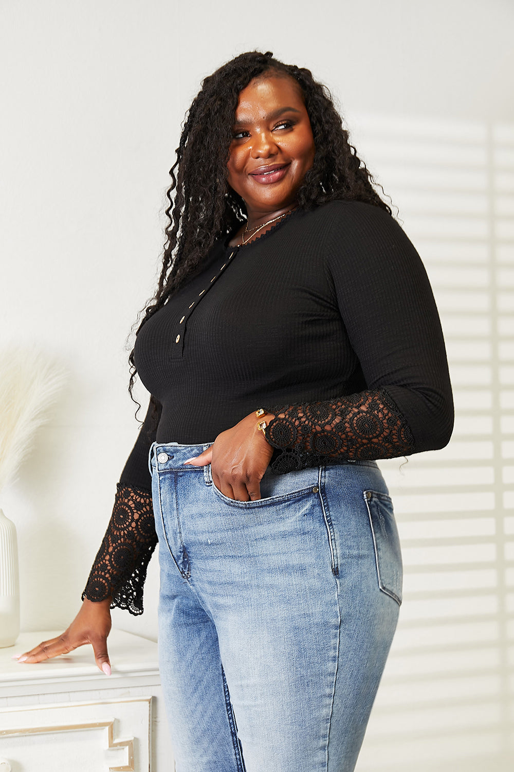 Double Take Crochet Lace Hem Sleeve Button Top - TOPS - Black
