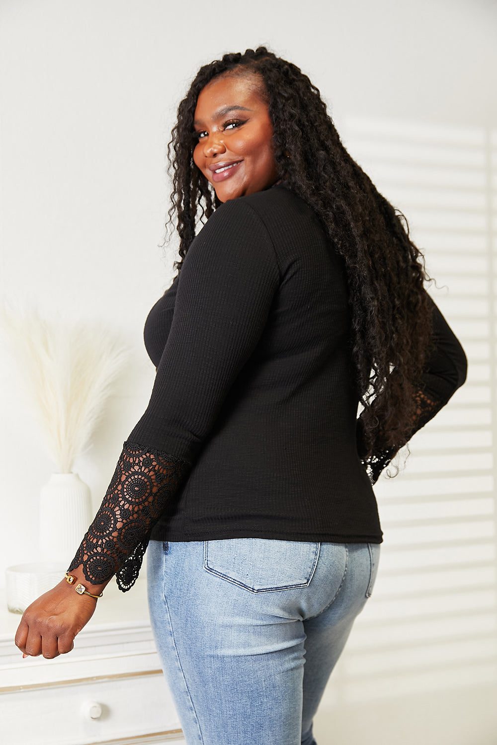 Double Take Crochet Lace Hem Sleeve Button Top - TOPS - Black