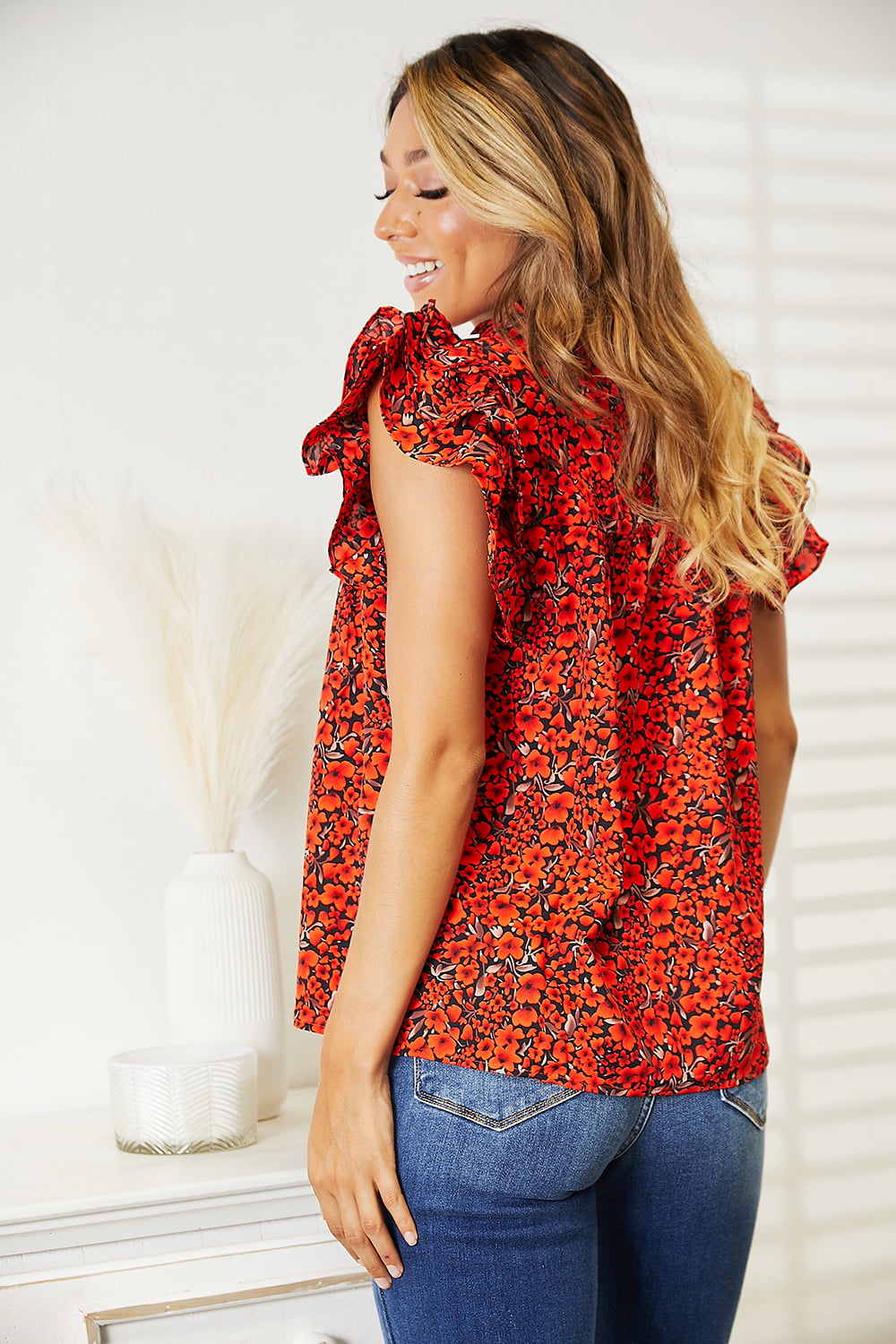 Double Take Floral Flutter Sleeve Notched Neck Blouse - SHIRTS & BLOUSES - Orange red