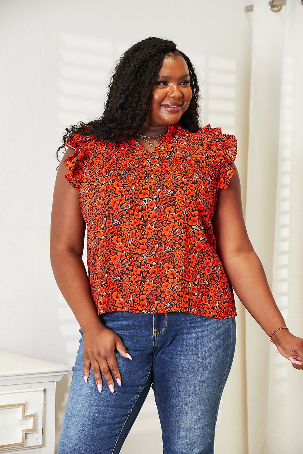 Double Take Floral Flutter Sleeve Notched Neck Blouse - SHIRTS & BLOUSES - Orange red