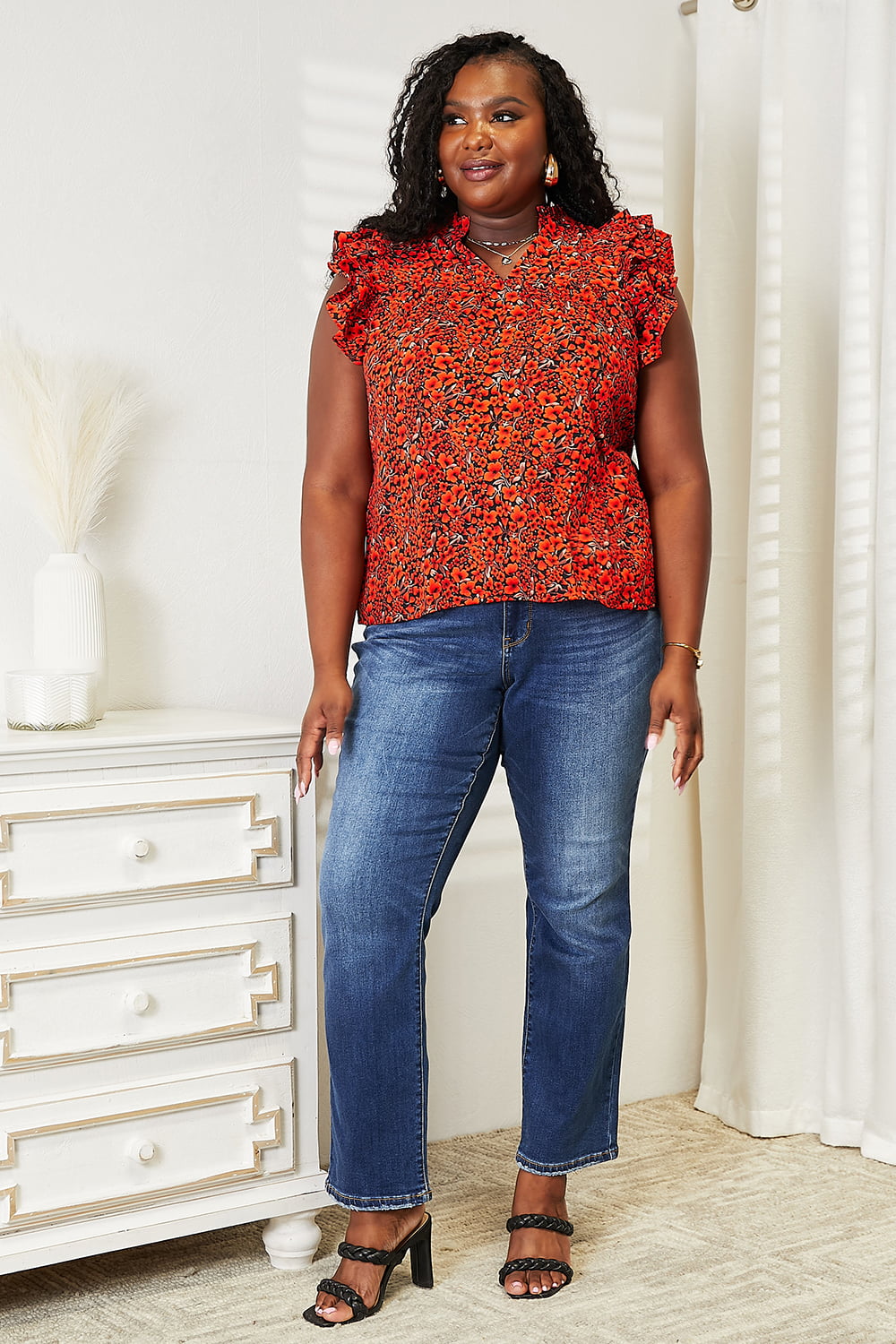 Double Take Floral Flutter Sleeve Notched Neck Blouse - SHIRTS & BLOUSES - Orange red