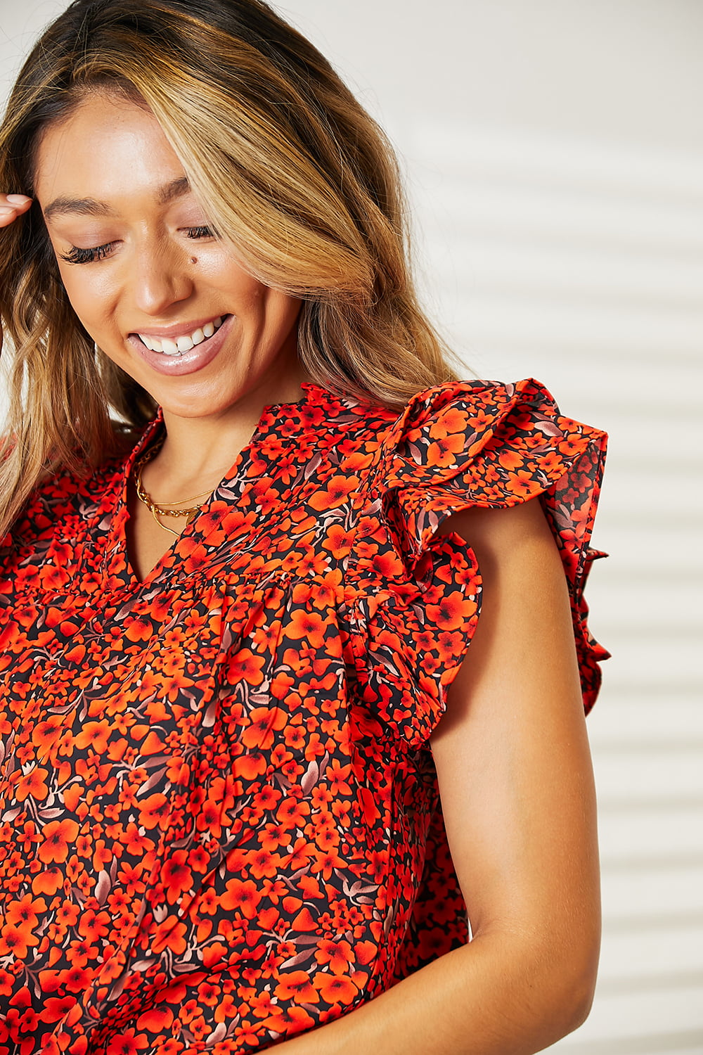 Double Take Floral Flutter Sleeve Notched Neck Blouse - SHIRTS & BLOUSES - Orange red