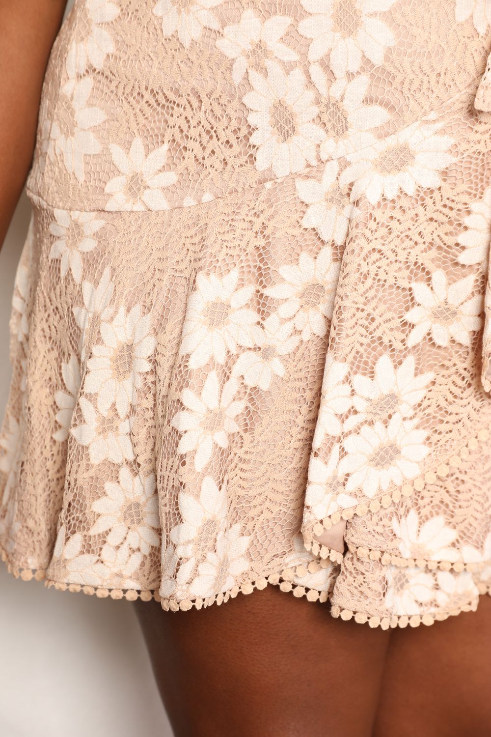 Double Take Floral Lace Pompom Detail Tie-Waist Flutter Sleeve Dress - DRESSES - Brown