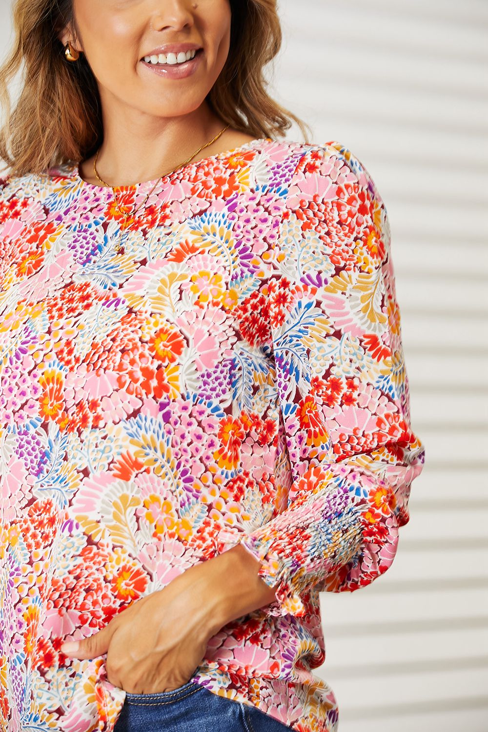 Double Take Floral Print Long Puff Sleeve Blouse - SHIRTS & BLOUSES - Floral print
