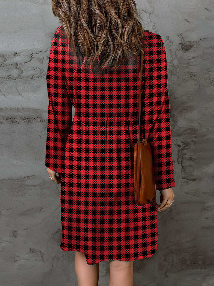 Double Take Full Size Plaid Round Neck Long Sleeve Magic Dress - DRESSES - Red