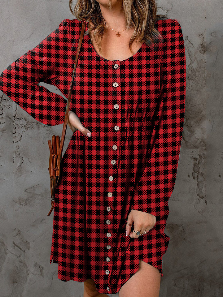 Double Take Full Size Plaid Round Neck Long Sleeve Magic Dress - DRESSES - Red