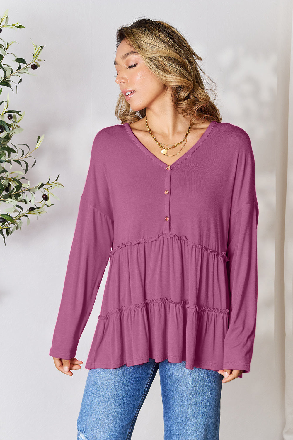 Double Take Half Button Long Sleeve Ruffle Hem Blouse - TOPS - Mixed