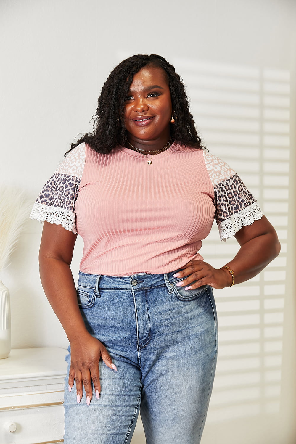 Double Take Leopard Lace Trim Ribbed Round Neck Top - TOPS - Pink