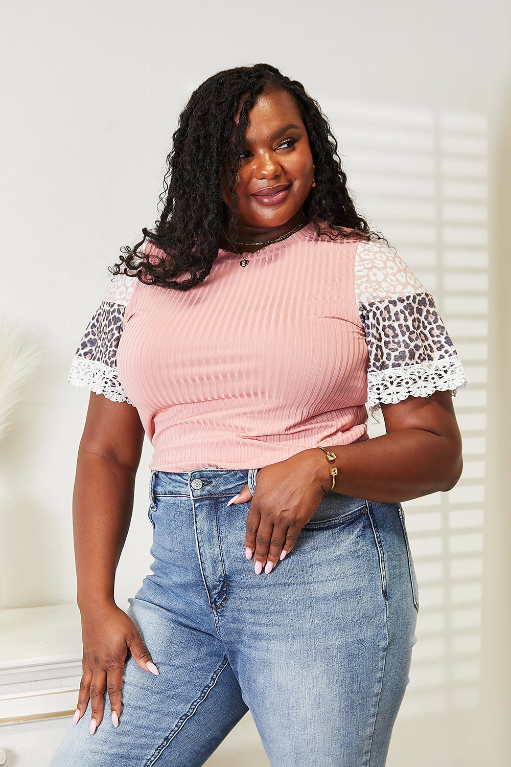Double Take Leopard Lace Trim Ribbed Round Neck Top - TOPS - Pink