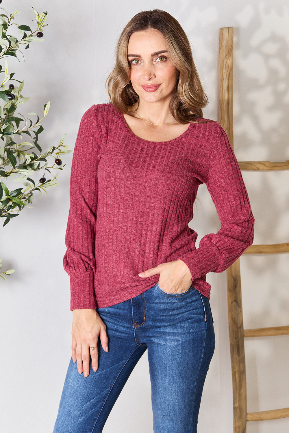 Double Take Ribbed Round Neck Lantern Sleeve Blouse - Burgundy / S - SHIRTS & BLOUSES - Burgandy
