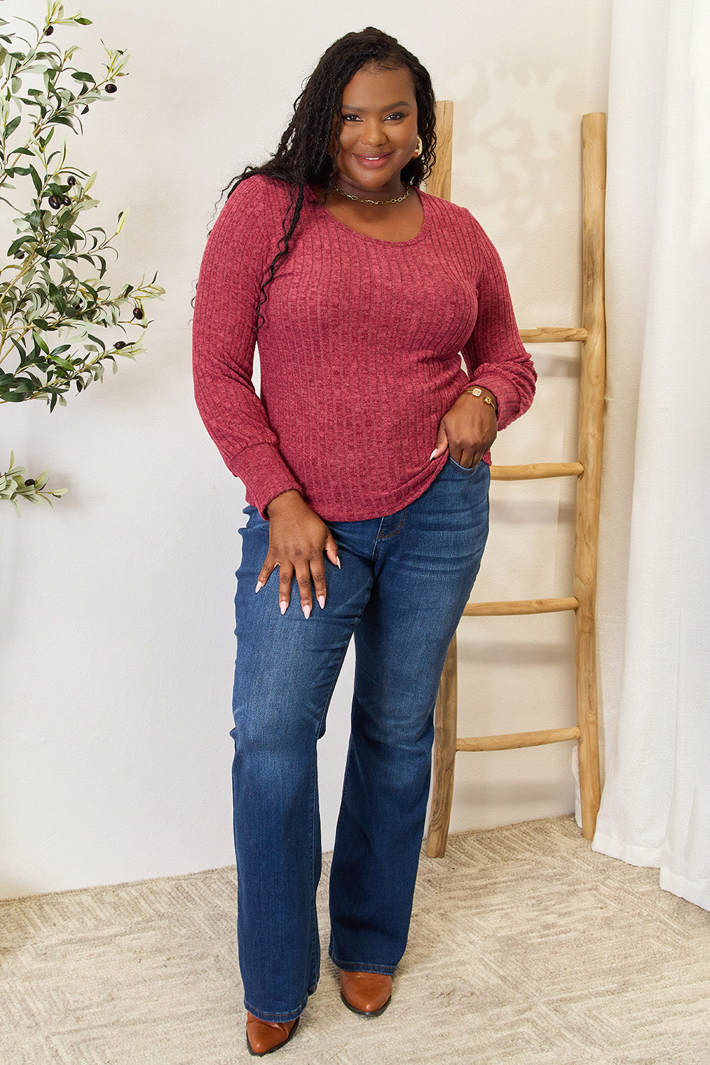 Double Take Ribbed Round Neck Lantern Sleeve Blouse - SHIRTS & BLOUSES - Burgandy