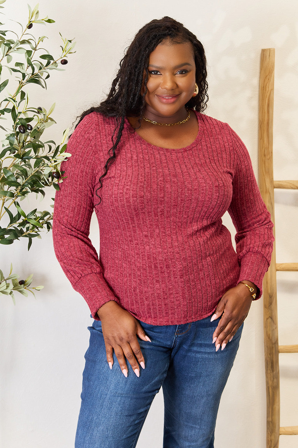 Double Take Ribbed Round Neck Lantern Sleeve Blouse - SHIRTS & BLOUSES - Burgandy