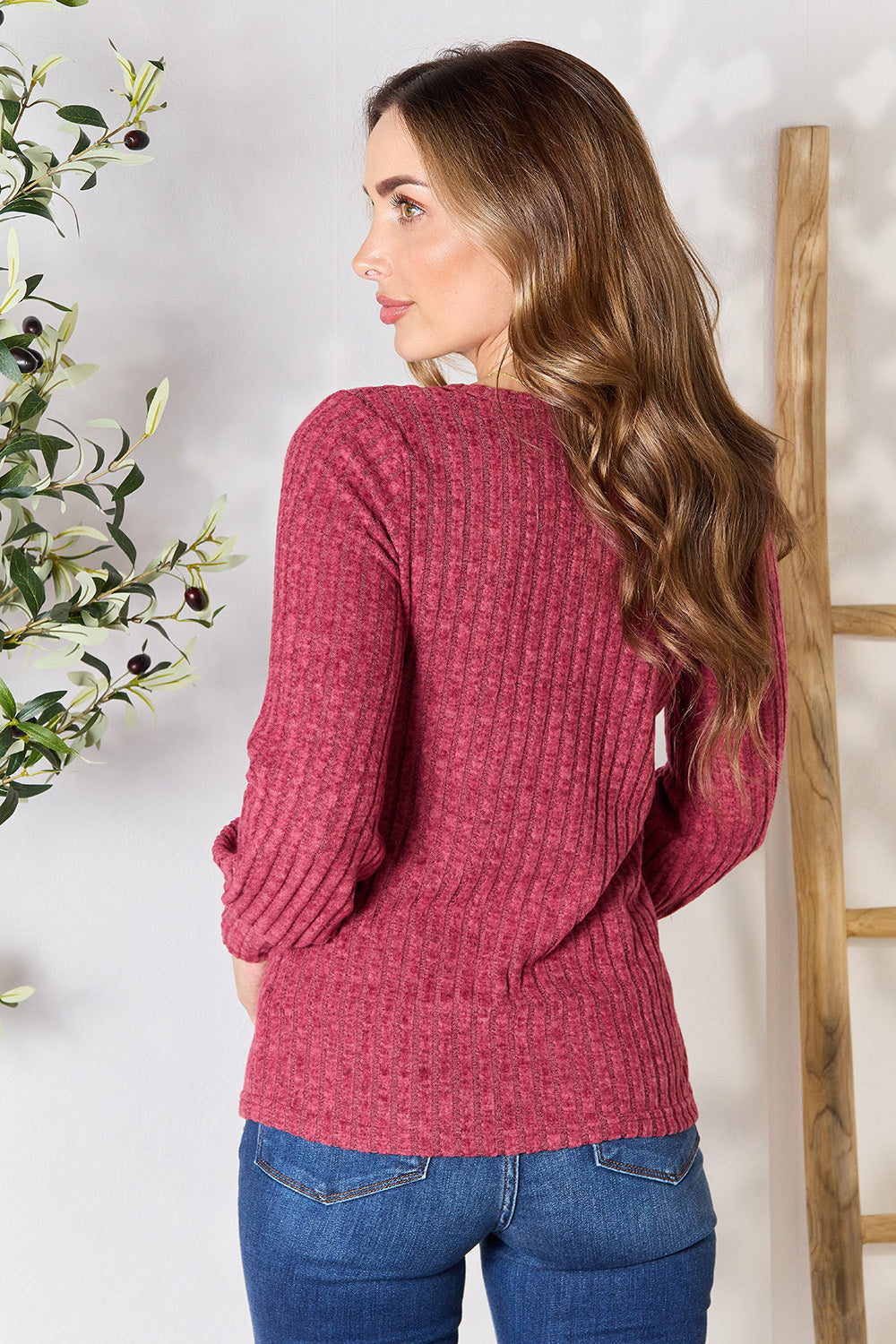 Double Take Ribbed Round Neck Lantern Sleeve Blouse - SHIRTS & BLOUSES - Burgandy