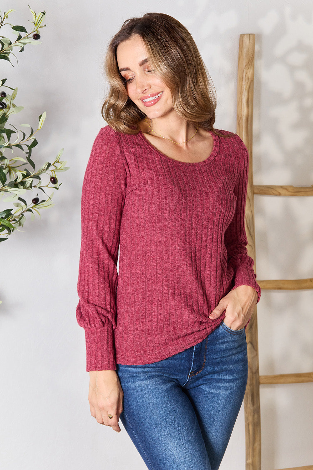 Double Take Ribbed Round Neck Lantern Sleeve Blouse - SHIRTS & BLOUSES - Burgandy