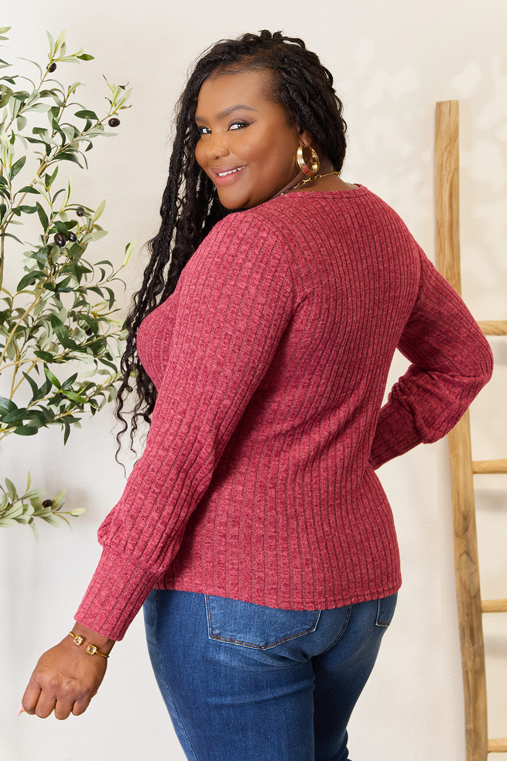 Double Take Ribbed Round Neck Lantern Sleeve Blouse - SHIRTS & BLOUSES - Burgandy