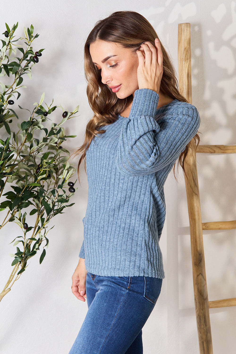 Double Take Ribbed Round Neck Lantern Sleeve Blouse - SHIRTS & BLOUSES - Burgandy