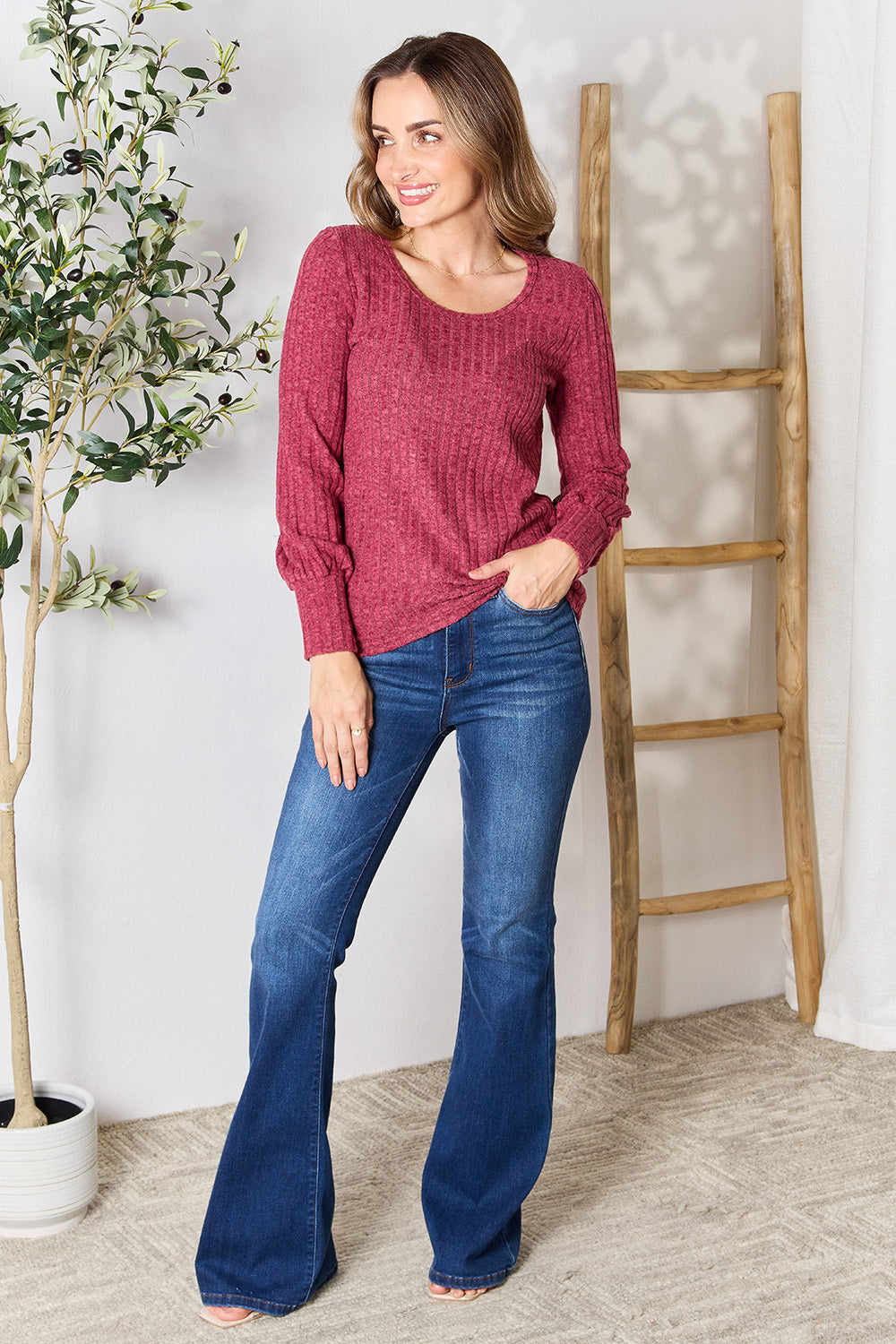 Double Take Ribbed Round Neck Lantern Sleeve Blouse - SHIRTS & BLOUSES - Burgandy