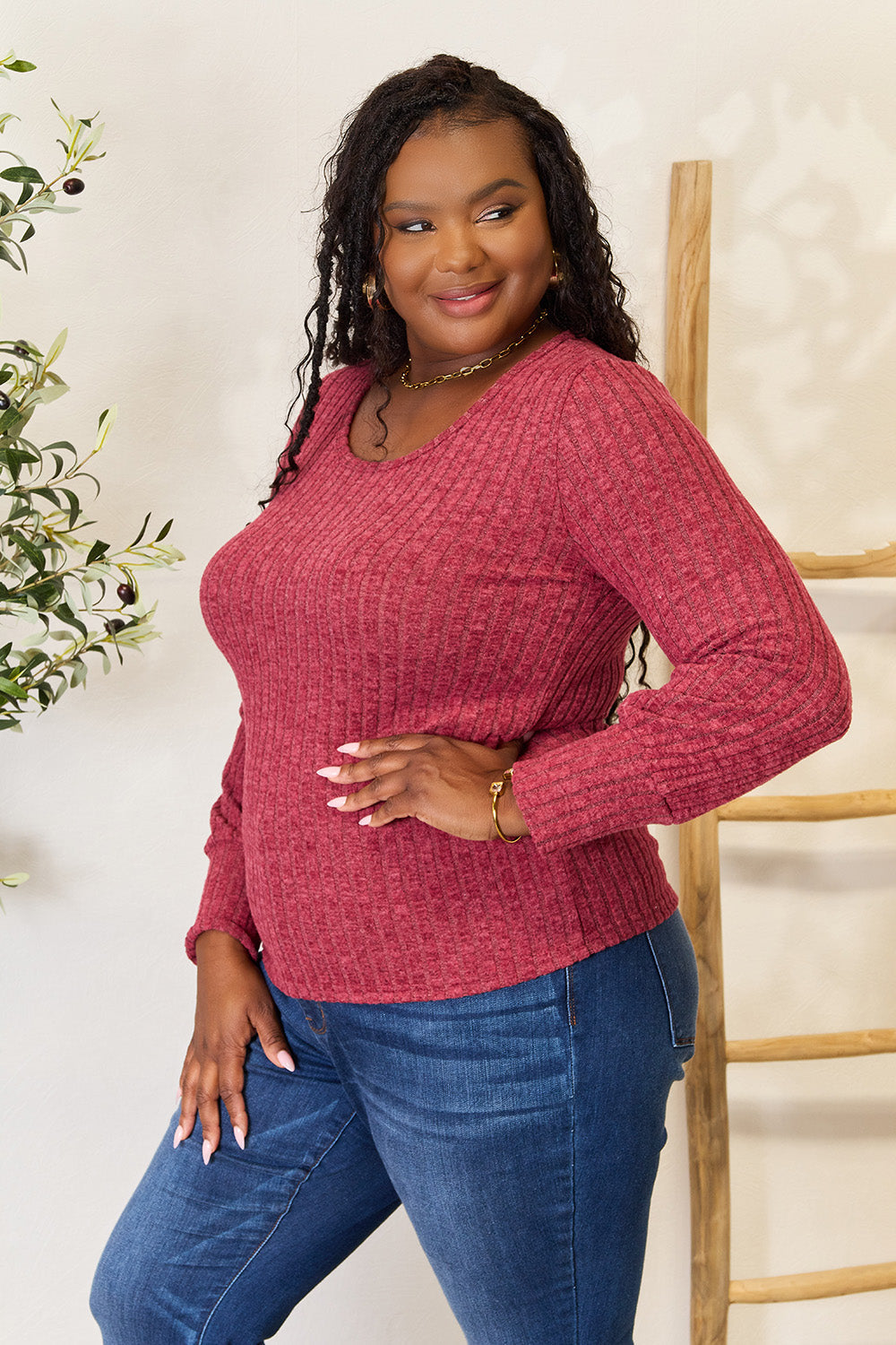 Double Take Ribbed Round Neck Lantern Sleeve Blouse - SHIRTS & BLOUSES - Burgandy