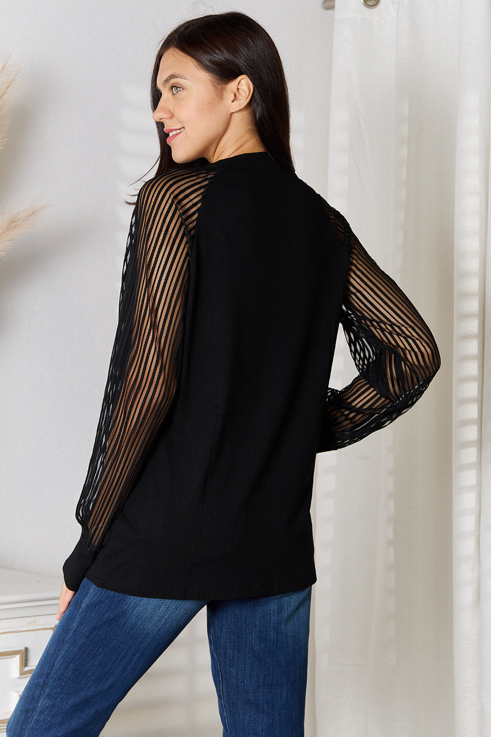 Double Take Round Neck Raglan Sleeve Blouse - TOPS - Black