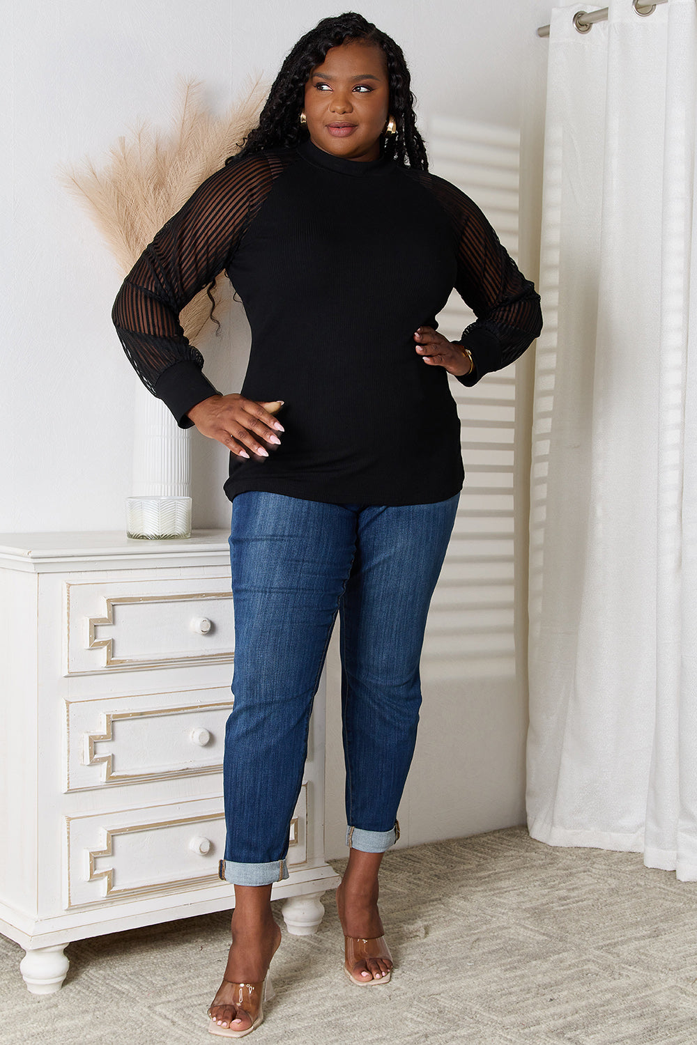Double Take Round Neck Raglan Sleeve Blouse - TOPS - Black