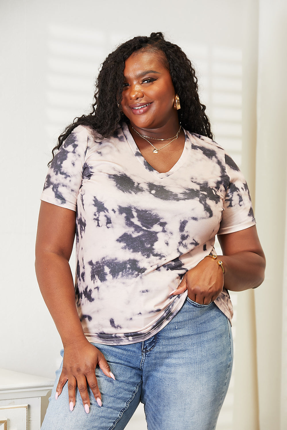 Double Take Tie-Dye V-Neck T-Shirt - SHIRTS & BLOUSES - Pink