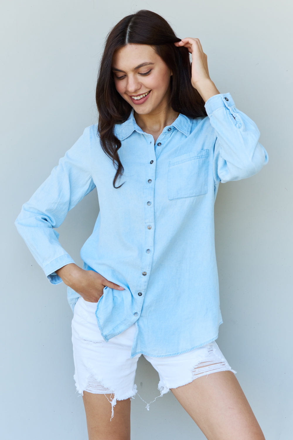 Doublju Blue Jean Baby Denim Button Down Shirt Top in Light Blue - Light Blue / S - SHIRTS & BLOUSES - Light blue