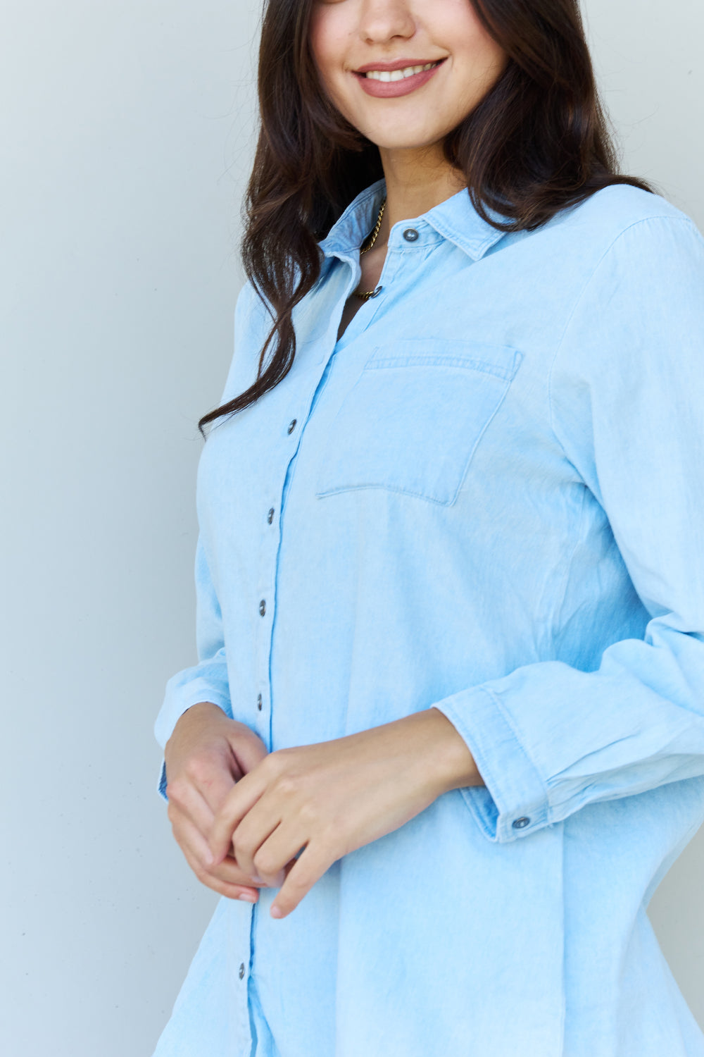 Doublju Blue Jean Baby Denim Button Down Shirt Top in Light Blue - SHIRTS & BLOUSES - Light blue