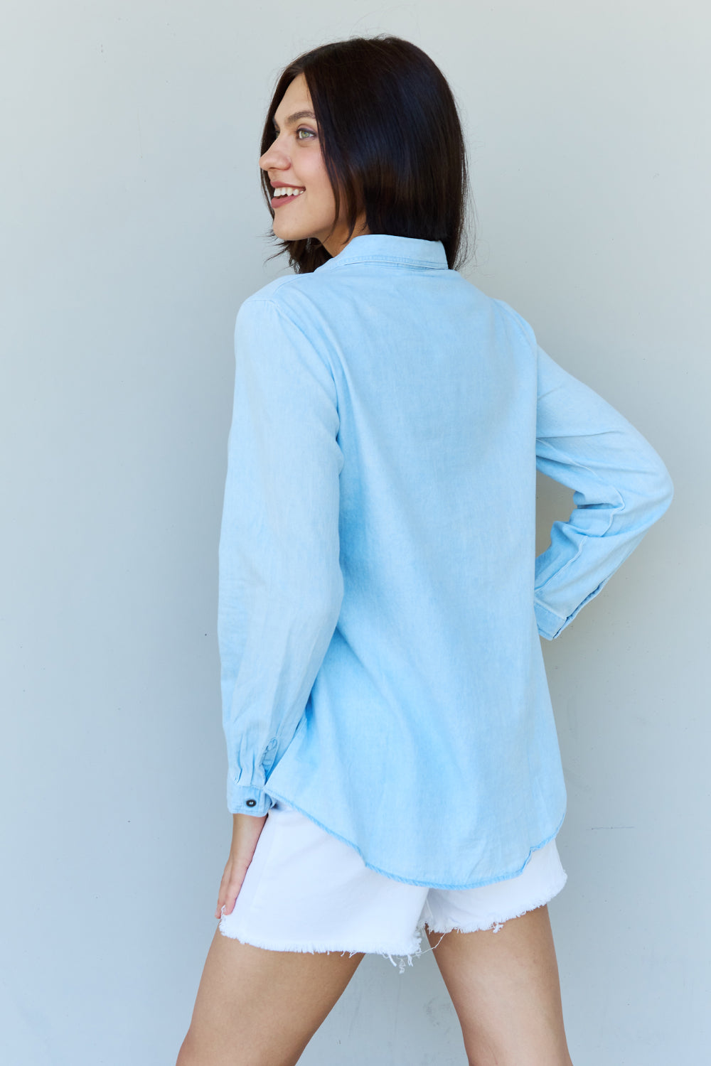 Doublju Blue Jean Baby Denim Button Down Shirt Top in Light Blue - SHIRTS & BLOUSES - Light blue