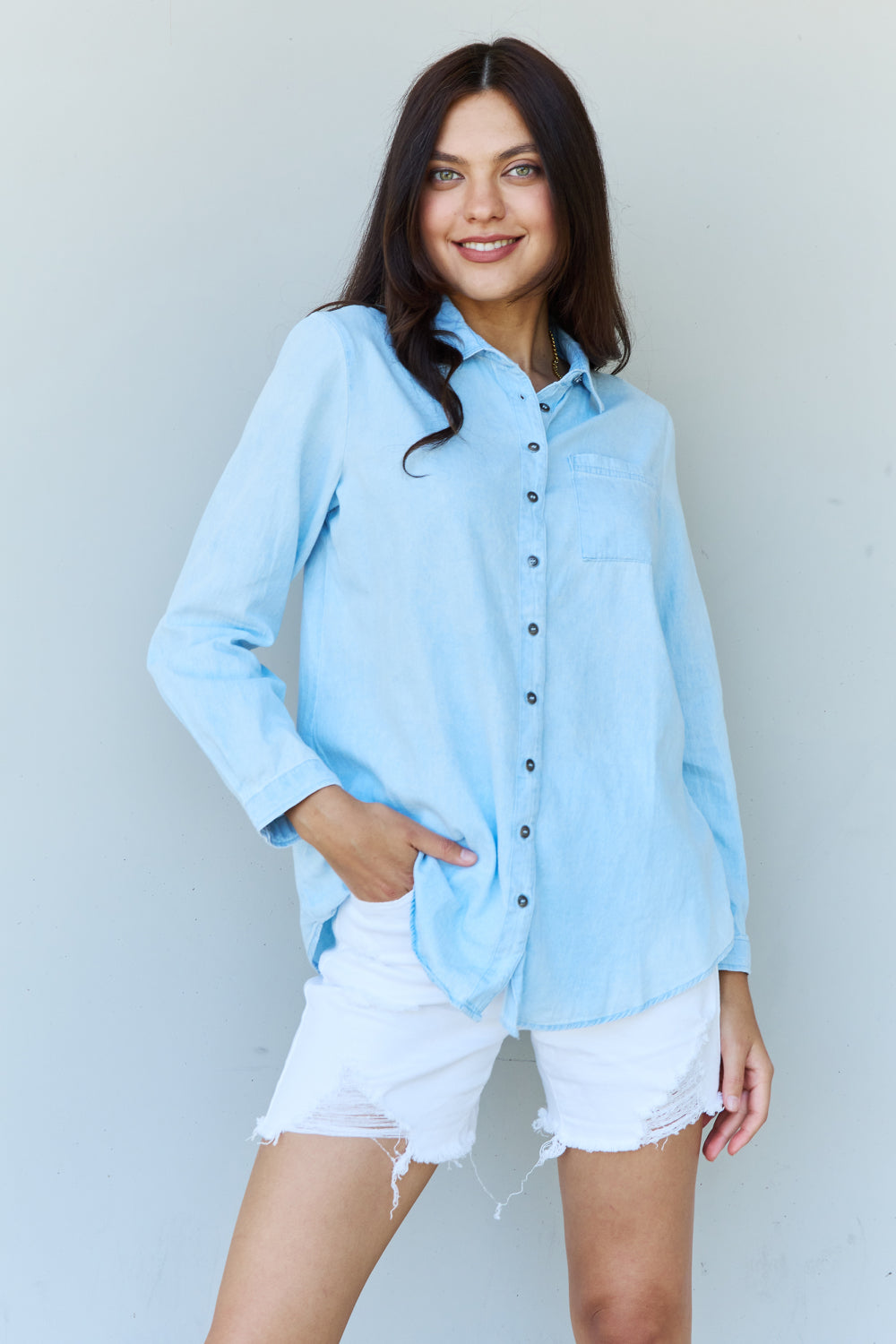 Doublju Blue Jean Baby Denim Button Down Shirt Top in Light Blue - SHIRTS & BLOUSES - Light blue