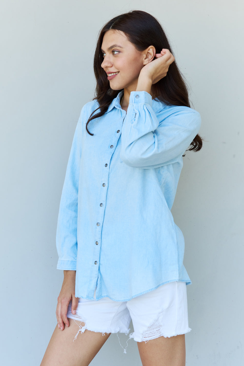Doublju Blue Jean Baby Denim Button Down Shirt Top in Light Blue - SHIRTS & BLOUSES - Light blue