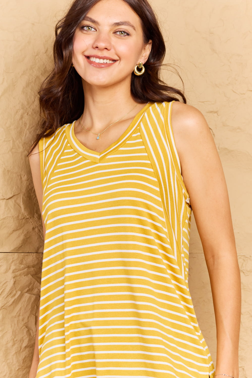 Doublju Talk To Me Full Size Striped Sleeveless V-Neck Top - TOPS - Yellow