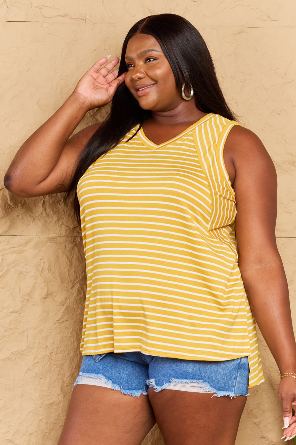 Doublju Talk To Me Full Size Striped Sleeveless V-Neck Top - TOPS - Yellow